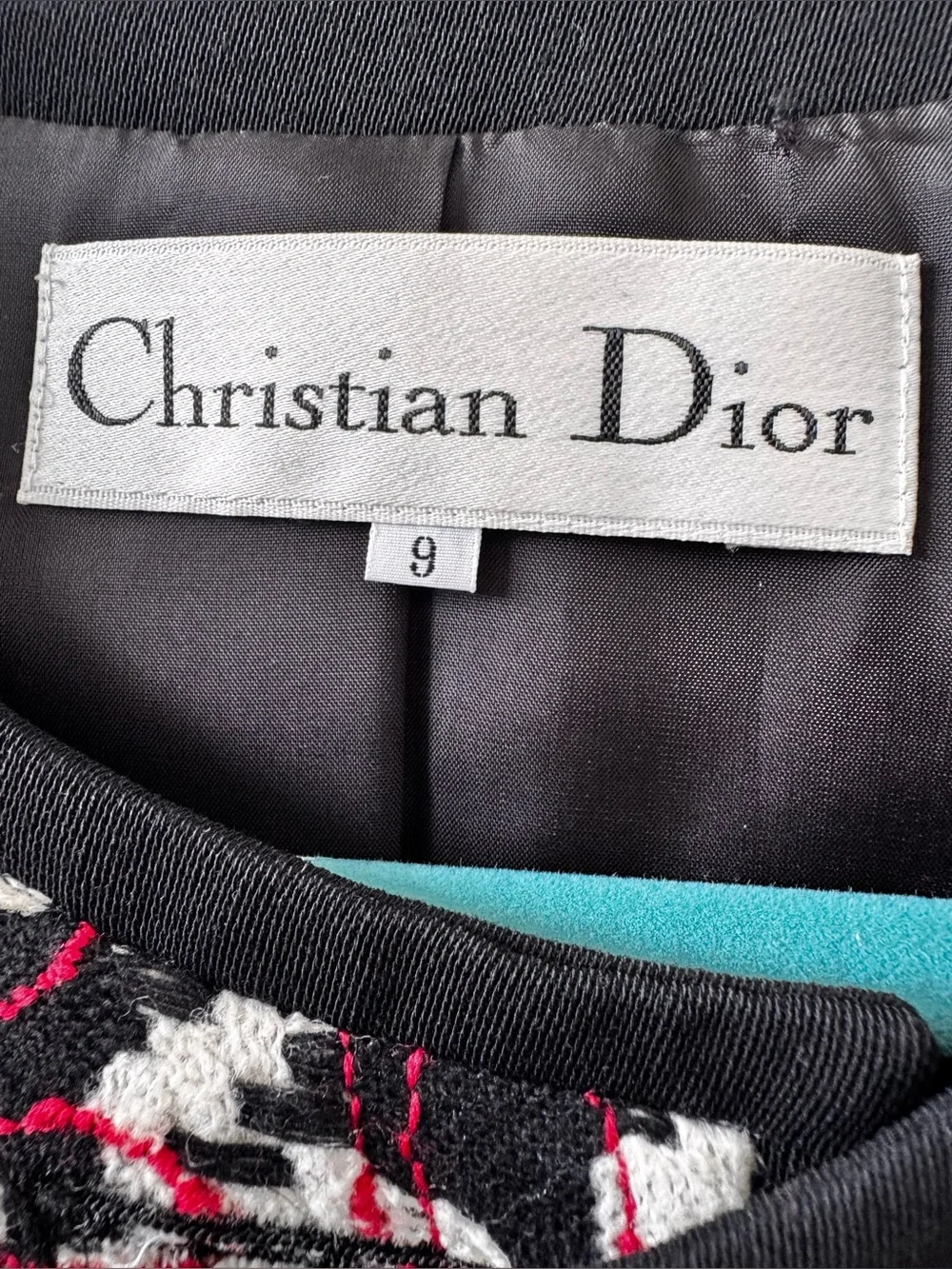 Dior Black, White & Red Tweed Collarless Jacket